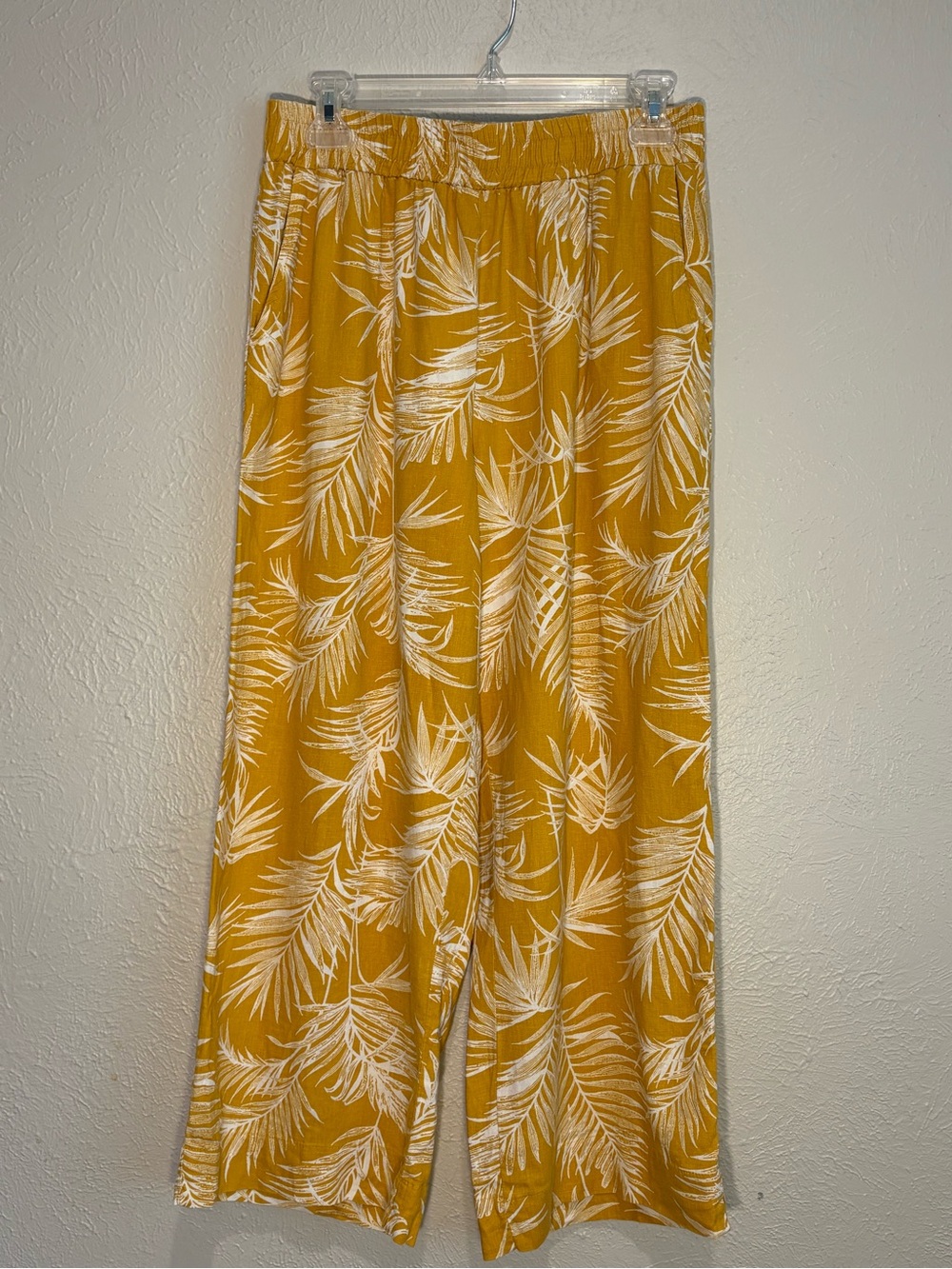 C&C California Linen Mustard Leaf Print Wide-Leg Pants, Sz-M
